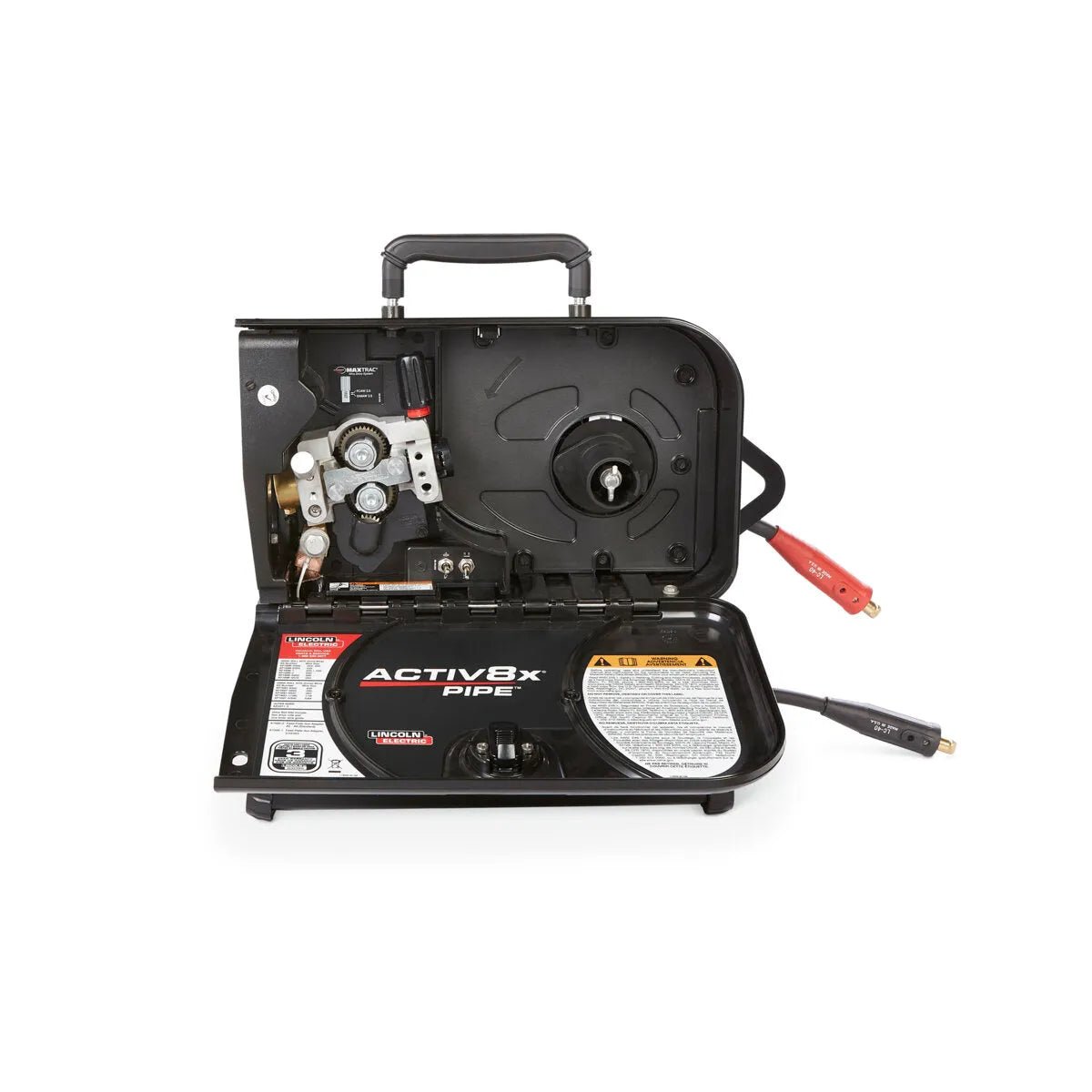 The Lincoln Activ8X Pipe (Tweco) K4717-1, a black rectangular wire feeder for pipe welding, sits open to show its controls and spool, with two cables and clamps extended in front of a white background.