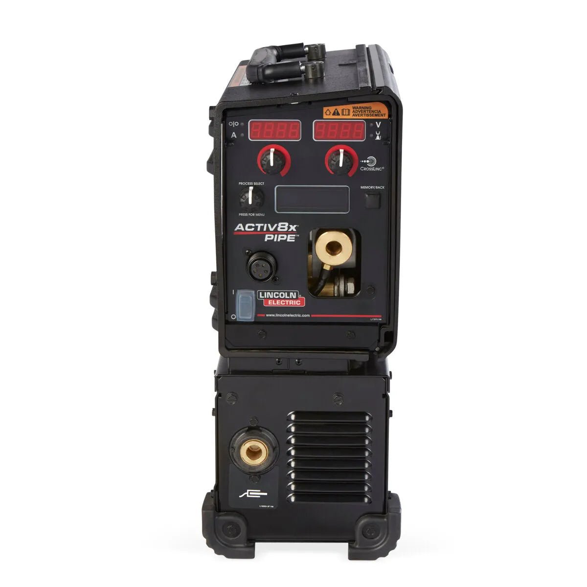 A front view of the Lincoln Activ8X Pipe (Tweco) K4717-1 welder shows its black metal body with digital displays, control knobs, connection ports, and warning labels. The brand and model appear clearly near the center. Designed for pipe welding.