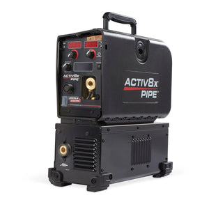The Lincoln Activ8X Pipe (Tweco) K4717-1, a black wire feeder for pipe welding, features a carrying handle, digital displays, control knobs, and labeled ports on its front panel; it sits on a matching base against a white background.