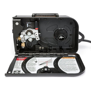 Lincoln Activ8X Wire Feeder (Tweco K3519-1) open view showing wire feed mechanism, spool holder, and door instructions for welders.