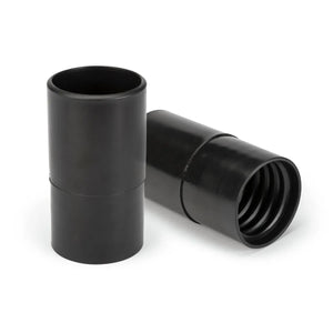 Lincoln K3492-4 hose-to-tube adapters for welding, black plastic, smooth and ribbed, 1-3/4"–2", shown upright and angled.