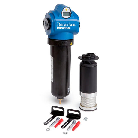 A Lincoln Air Filter Kit for Compressed Air K3088-1 with a blue and black cylindrical body, digital display, detached internal filter, mounting brackets, wall anchors, and screws—arranged on a white background.