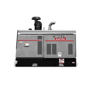 A large gray Lincoln Air Vantage 566X Engine Driven Welder Deutz - K3242-3 is shown on a white background, featuring vents, control panels, a black base, red logo, top exhaust pipes, and a sturdy rectangular design.