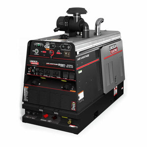 The Lincoln Air Vantage 566X Hydraulic 4-in-1 Welder/Generator/Compressor/Pump (K4343-4) in black with red trim features control panels, gauges, switches, vents, visible branding, and multiple connections on a white background.