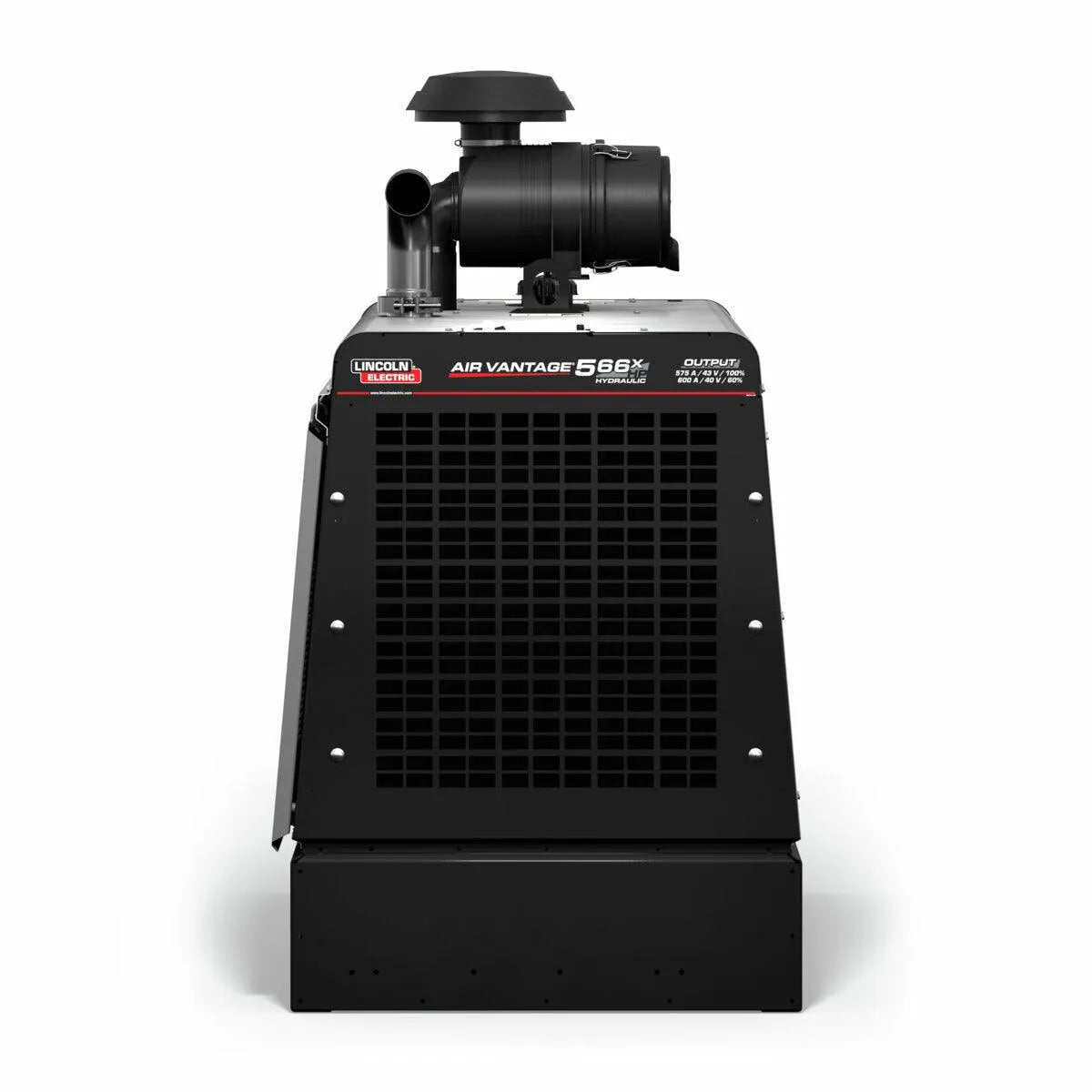 A front view of the Lincoln Air Vantage 566X Hydraulic 4-in-1 Welder/Generator/Compressor/Pump (K4343-4) in black, with a large vented grille, red and white branding, and top exhausts, shown on a white background.