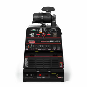 A black Lincoln Air Vantage 566X Hydraulic 4-in-1 Welder/Generator/Compressor/Pump (K4343-4) is shown from the front, with dials, switches, gauges, labeled outlets, and a large exhaust pipe against a plain white background.