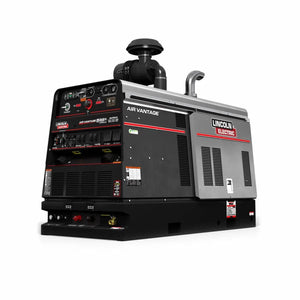A Lincoln Air Vantage 566X Hydraulic 4-in-1 Welder/Generator/Compressor/Pump - K4343-4 with black and silver panels, red accents, controls, vents, gauges, and branded labels stands on a white background.