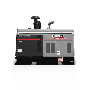A black and gray Lincoln Air Vantage 566X Hydraulic 4-in-1 Welder/Generator/Compressor/Pump (K4343-4) with red accents stands against a white background, featuring vents, control panels, and the Lincoln Electric logo on its right side.