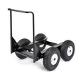 The Lincoln All-Terrain Undercarriage K3590-1 features a black metal frame, four rugged rubber wheels, an upright handlebar, and a sturdy rectangular base—ideal for heavy-duty off-road transport.
