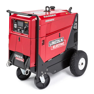 The Lincoln All-Terrain Undercarriage K3590-1 features large black wheels, a portable cart handlebar, and vented sides with branding on the panels. The unit is pictured on a white background with a front control panel including gauges and switches.