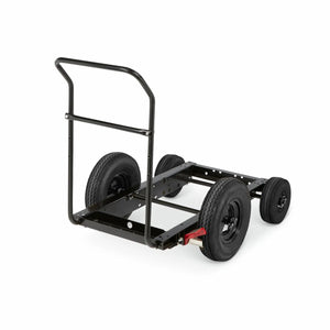 The Lincoln All Terrain Undercarriage with Flat-Free Tires K1737-3 features a black metal frame, four large flat-free tires, tall handlebar, open rectangular base, mounting holes, and red rear accents. Shown on a white background.