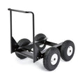 The Lincoln All Terrain Undercarriage with Flat-Free Tires K3590-2 is a black metal cart featuring four large flat-free tires, a single vertical handlebar, an open rectangular frame, and sturdy build for hauling heavy loads over rough terrain.