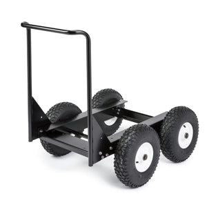 The Lincoln All Terrain Undercarriage with Flat-Free Tires K3590-2 is a black metal cart featuring four large flat-free tires, a single vertical handlebar, an open rectangular frame, and sturdy build for hauling heavy loads over rough terrain.