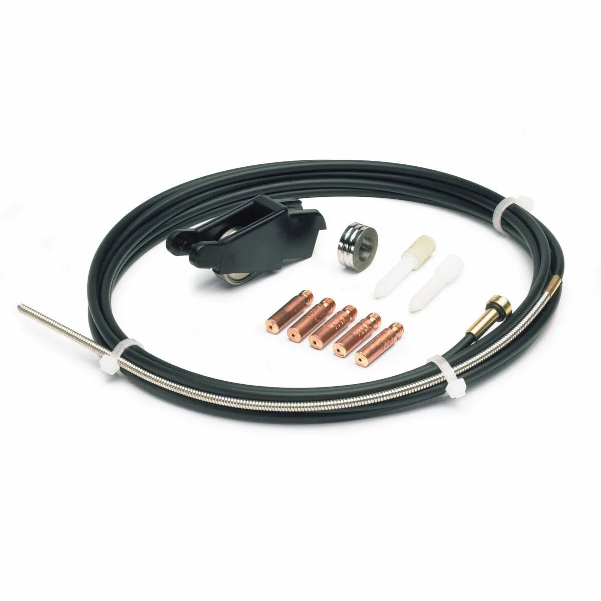 The Lincoln Aluminum Welding Kit 0.035 in (0.9 mm) K663-2 includes a coiled black cable, roller, clamp, four copper contact tips, two white plastic nozzles, and other aluminum welding accessories—all shown on a white background.