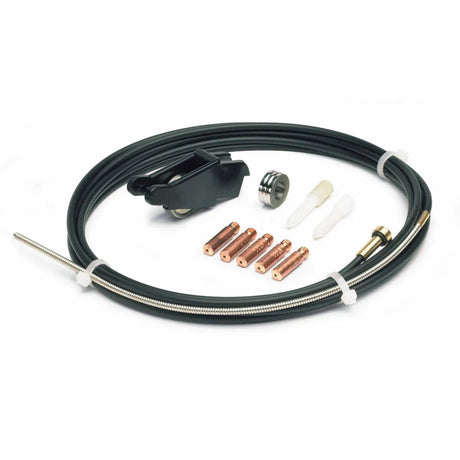 The Lincoln Aluminum Welding Kit 0.035 in (0.9 mm) K663-2 includes a coiled black cable, roller, clamp, four copper contact tips, two white plastic nozzles, and other aluminum welding accessories—all shown on a white background.