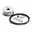 The Lincoln Aluminum Welding Kit 0.035 in (0.9 mm) K664-2 is displayed on a white background with a spool of MIG wire, black cable, six copper contact tips, nozzle, and three hex keys arranged neatly together.