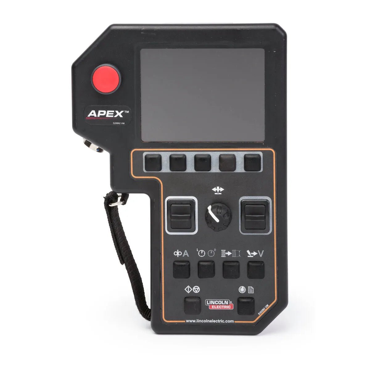 The Lincoln APEX 3 Series MIG Pendant K52113-1 is a black handheld control device with a large display, red emergency stop button, multiple switches, and wrist strap—made for precise orbital welding process control.
