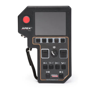 The Lincoln APEX 3 Series MIG Pendant K52113-1 is a black handheld control device with a large display, red emergency stop button, multiple switches, and wrist strap—made for precise orbital welding process control.