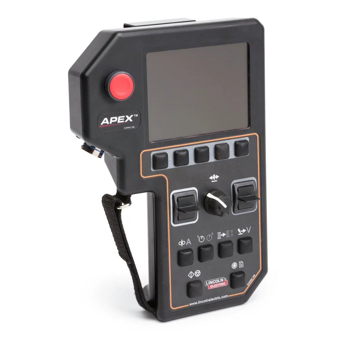 The Lincoln APEX 3 Series MIG Pendant K52113-1 is a black handheld device with a screen, multiple control buttons and switches, a red button at the top left, a wrist strap on the left side, and Lincoln Electric branding near the bottom.