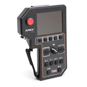 The Lincoln APEX 3 Series MIG Pendant K52113-1 is a black handheld device with a screen, multiple control buttons and switches, a red button at the top left, a wrist strap on the left side, and Lincoln Electric branding near the bottom.