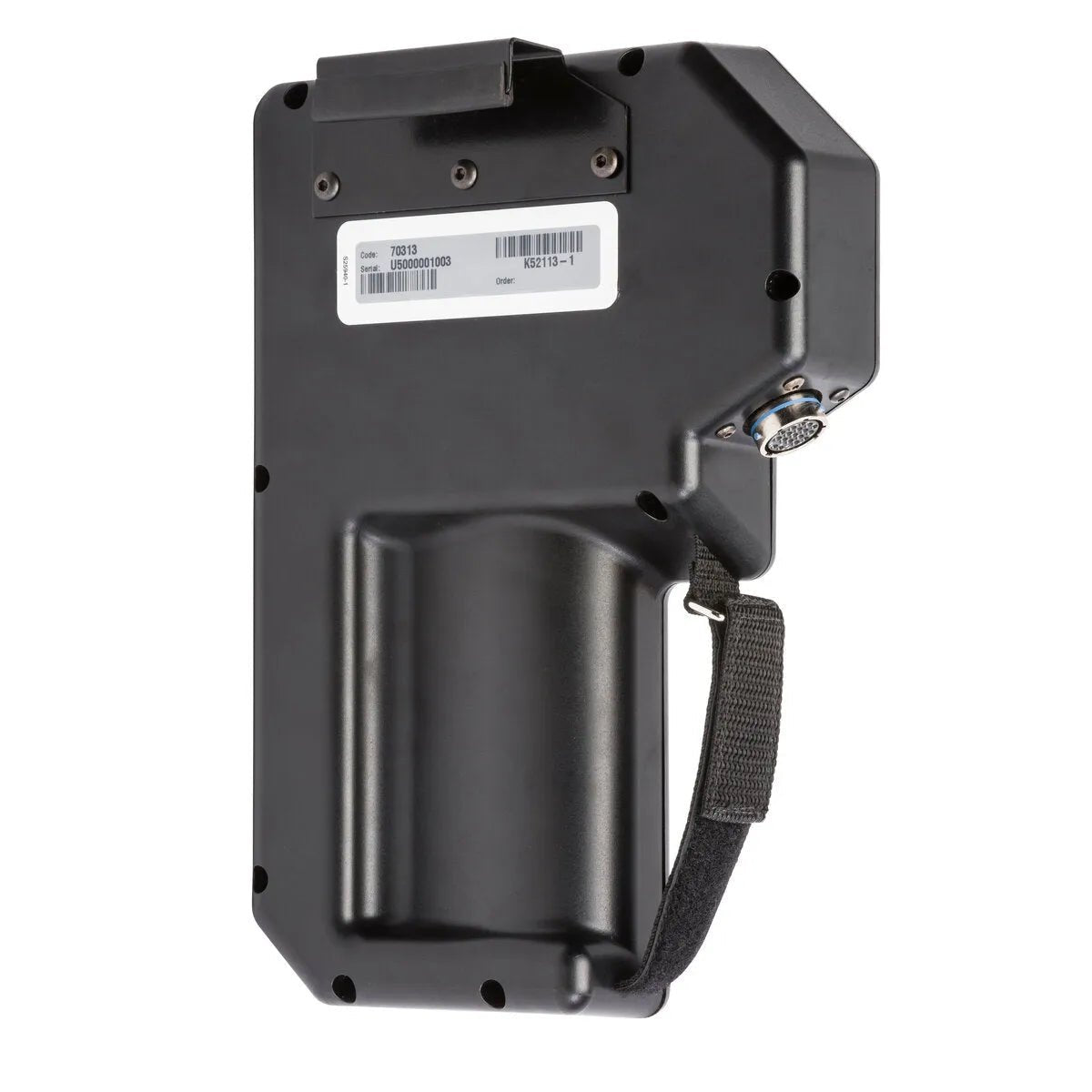The Lincoln APEX 3 Series MIG Pendant K52113-1 is a black, contoured rectangular pendant with handle grip, fabric strap, multi-pin connector, and white barcode label—ruggedly designed for demanding welding process control environments.