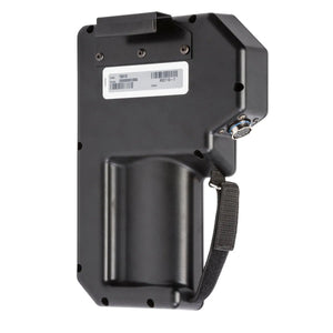 The Lincoln APEX 3 Series MIG Pendant K52113-1 is a black, contoured rectangular pendant with handle grip, fabric strap, multi-pin connector, and white barcode label—ruggedly designed for demanding welding process control environments.