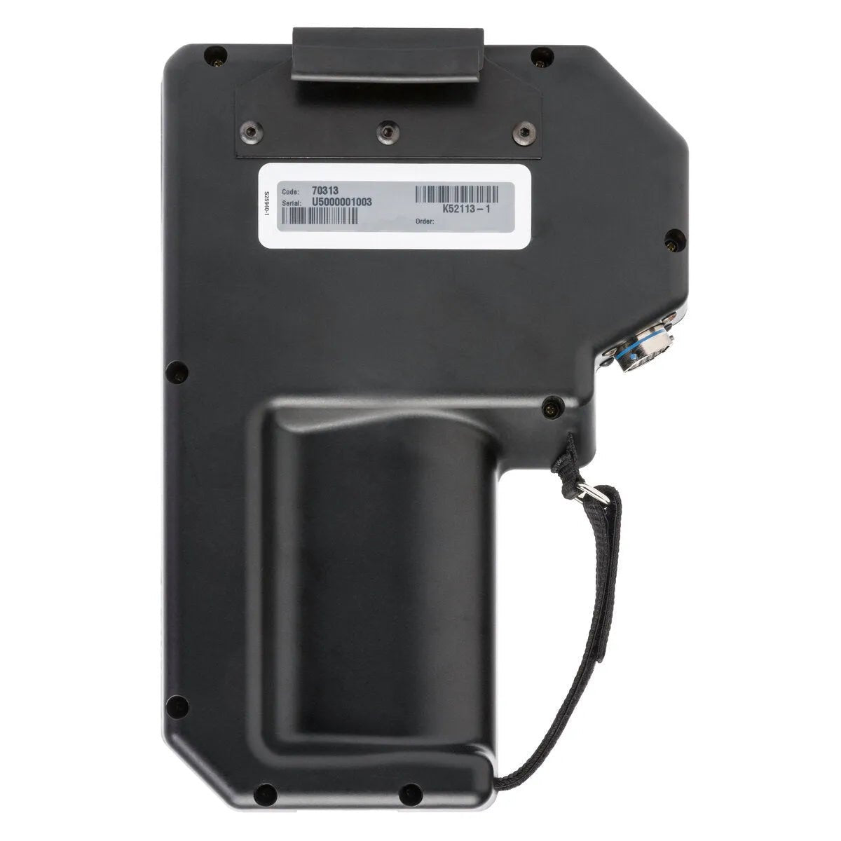 The Lincoln APEX 3 Series MIG Pendant K52113-1 is a black, handheld device with a rectangular top, contoured grip, wrist strap, barcode labels on top, silver screws around the edges, and a right-side multi-pin connector for welding control.