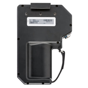 The Lincoln APEX 3 Series MIG Pendant K52113-1 is a black, handheld device with a rectangular top, contoured grip, wrist strap, barcode labels on top, silver screws around the edges, and a right-side multi-pin connector for welding control.