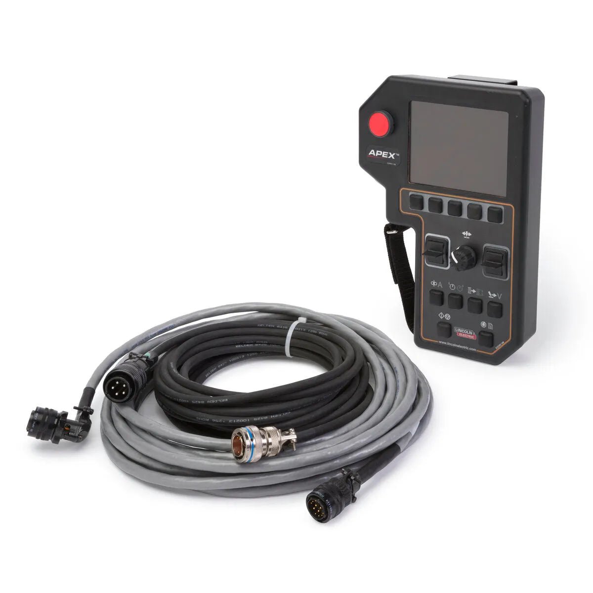 A Lincoln APEX 3 Series MIG Pendant K52113-1 sits next to two long, coiled cables with multi-pin connectors; this handheld device is used for precise welding process control in orbital welding applications.