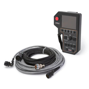A Lincoln APEX 3 Series MIG Pendant K52113-1 sits next to two long, coiled cables with multi-pin connectors; this handheld device is used for precise welding process control in orbital welding applications.