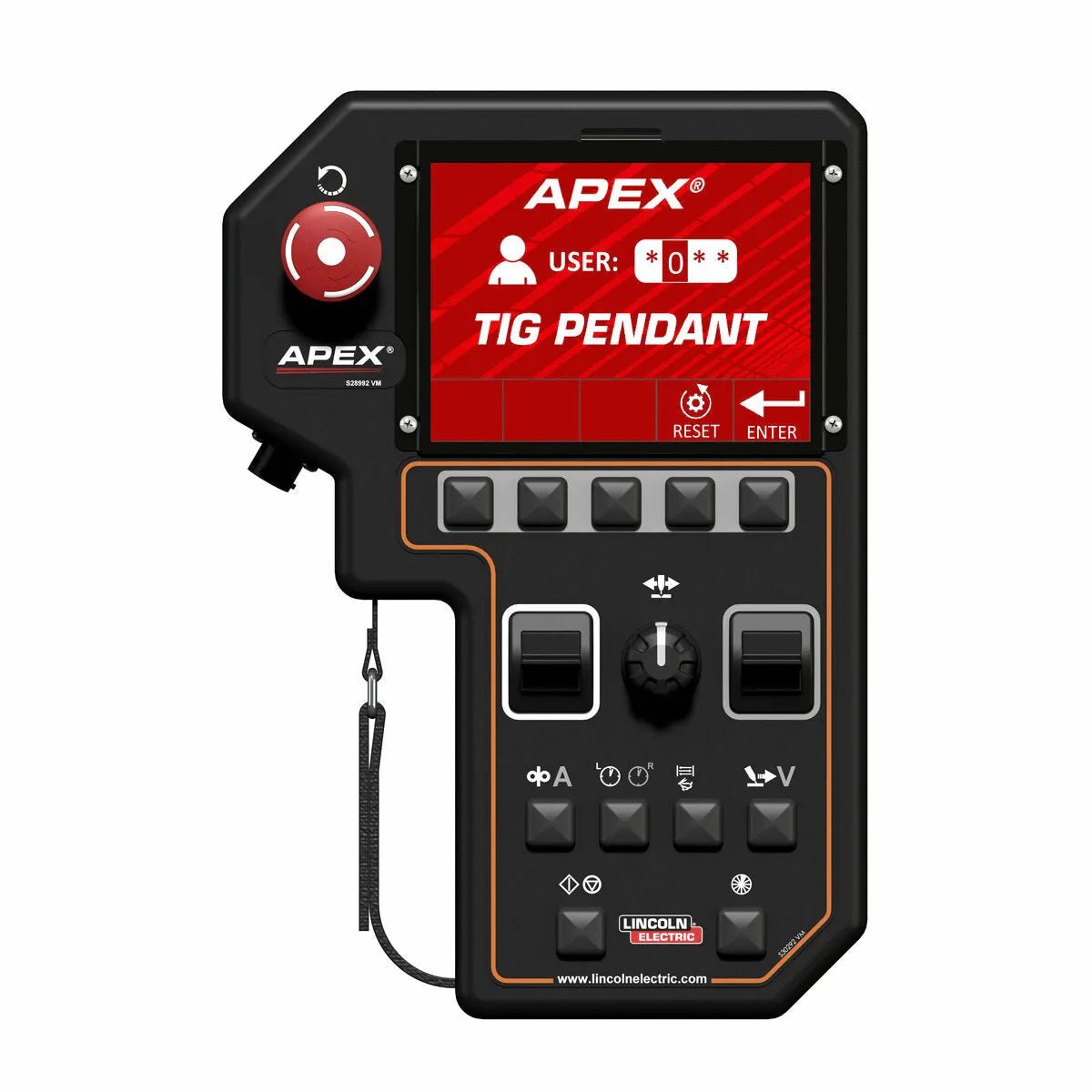 The image shows a handheld Lincoln APEX 3 Series TIG Pendant K52216-1 for TIG welding, with a red and black screen displaying USER and TIG PENDANT, various controls, a lanyard, and the Lincoln Electric logo at the bottom.