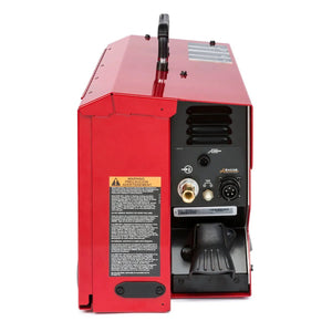 The Lincoln APEX 30M Mechanized Controller K52160-1 is a red metal welding machine shown upright from the back, with a black top handle, ports, connectors, vent, warning label, and cord compartment against a white background.