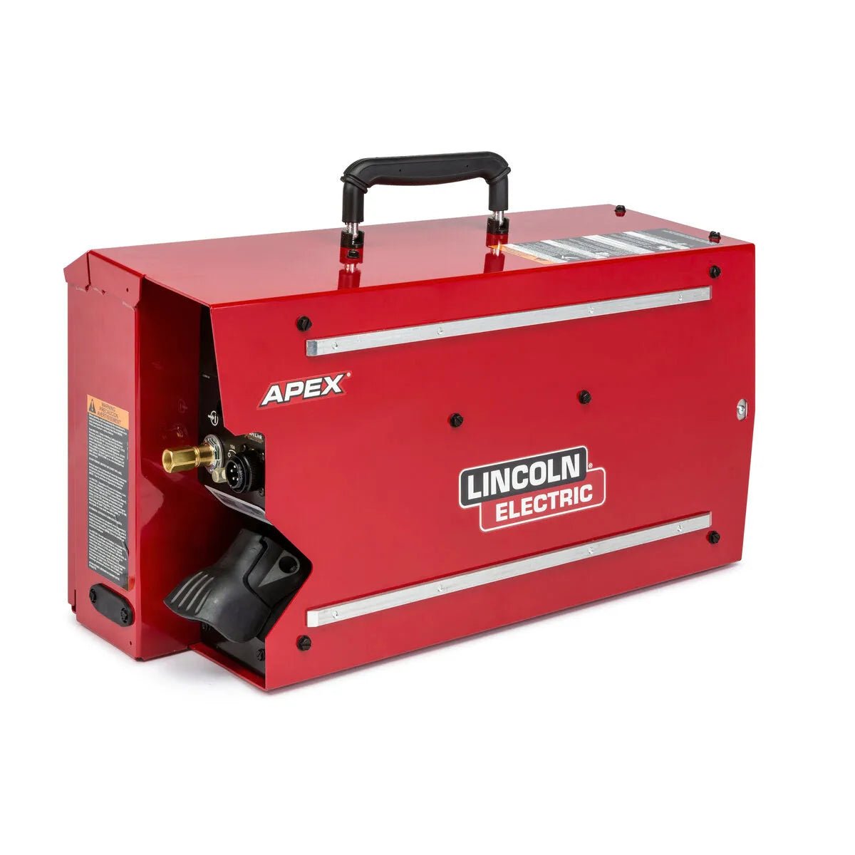 A red metal Lincoln APEX 30M Mechanized Controller K52160-1 with a black handle, Lincoln Electric logo, visible brass connector, and black plastic part on the left side provides precise wire feeder control.