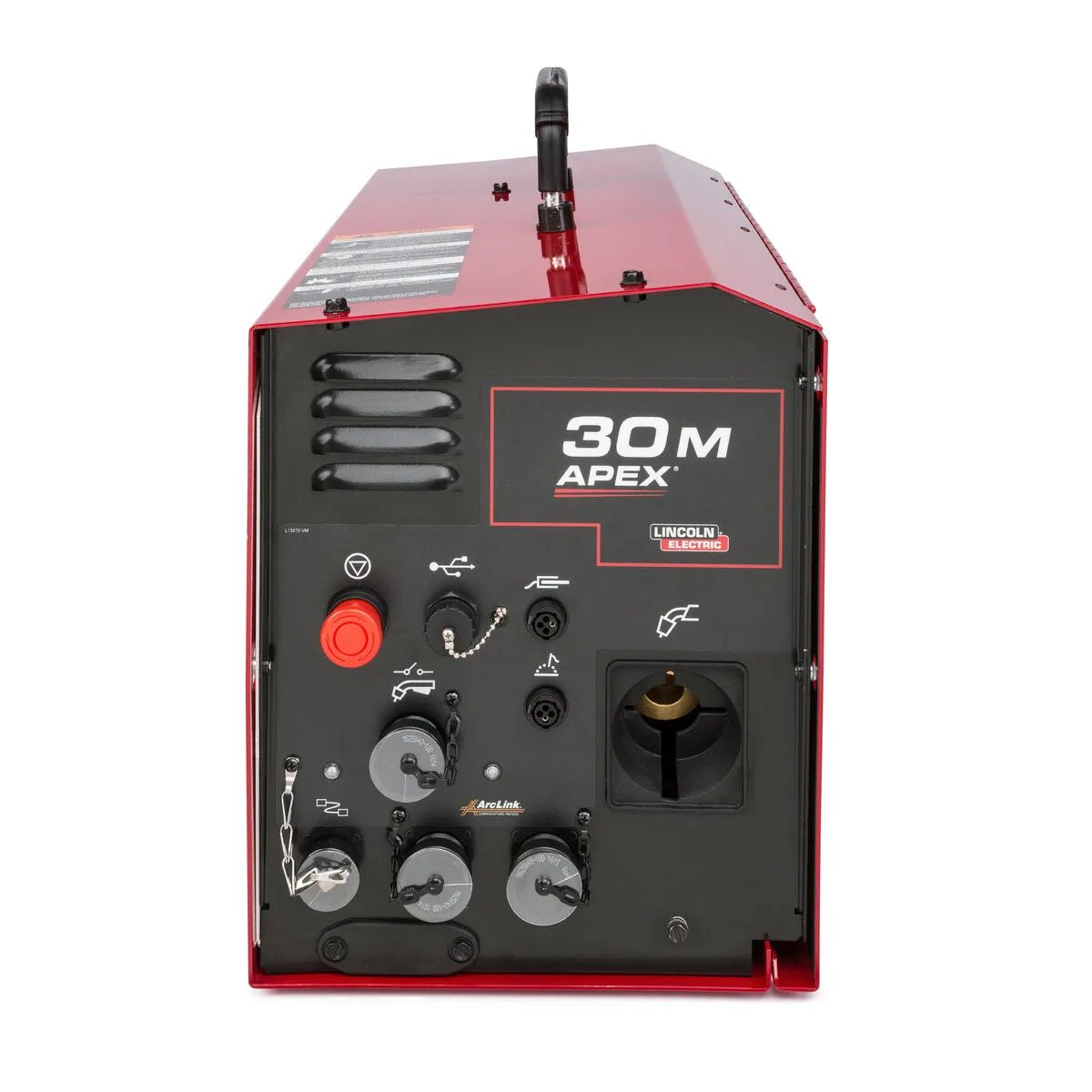 A front view of the red, rectangular Lincoln APEX 30M Mechanized Controller K52160-1 shows its control panel with the wire-feeding system, black knobs, switches, and clearly labeled diagrams.