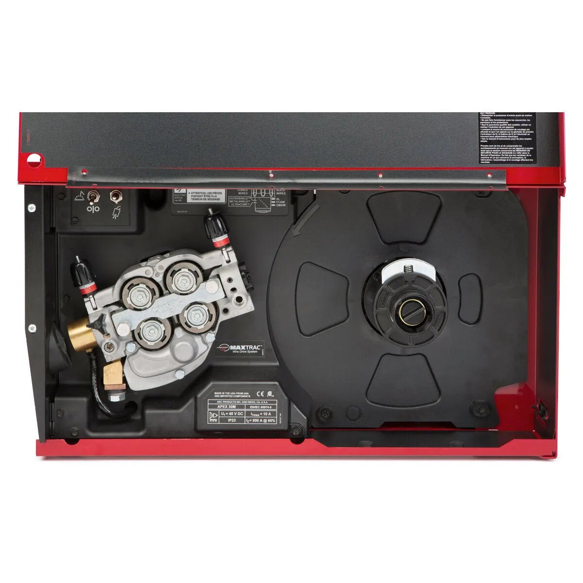 The image shows the interior of the Lincoln APEX 30M Mechanized Controller K52160-1, featuring four tension rollers, wiring, connectors, calibration labels, and a large black spool holder in a red metal case with an open side panel.
