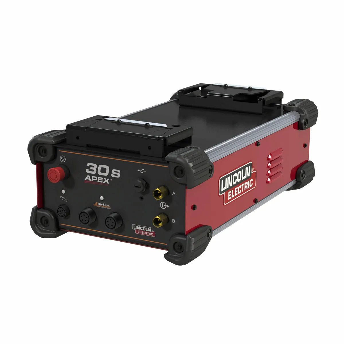The portable Lincoln APEX 30S Mechanized Controller K52217-1 features a rectangular red and black design, rubber-protected corners, control knobs for orbital welding, front-panel ports, ventilation slits, and a side brand logo.