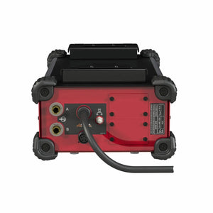 A rear view of the Lincoln APEX 30S Mechanized Controller K52217-1 in red and black shows protective corner bumpers, connection ports labeled A and B for orbital welding, a central cable connected, data label, and control indicators.