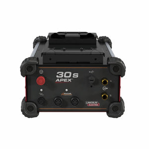 Front view of the Lincoln APEX 30S Mechanized Controller K52217-1, featuring a black and red design with corner protectors and labeled connectors—ideal for HELIX M series weld heads in orbital welding applications.
