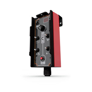The Lincoln APEX Operator Pendant K52147-1 is a red and black electronic control panel for mechanized welding, featuring a digital display, multiple knobs, buttons, indicator lights, and is mounted on a black bracket with www.lincolnelectric.com below.