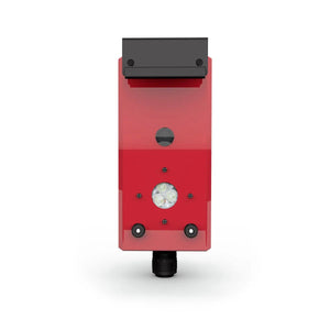 The Lincoln APEX Operator Pendant K52147-1 is a rectangular red device with a black top, central round light surrounded by four LEDs, two lower black sensors, and a cylindrical connector at the bottom for mechanized welding systems.