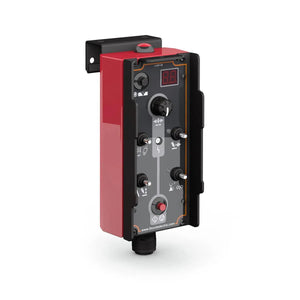 The Lincoln APEX Operator Pendant K52147-1 is a rectangular red and black device wall-mounted with a gray front panel, digital display, three toggle switches, rotary knobs, arrow icons, and labeled buttons—ideal for mechanized welding systems.