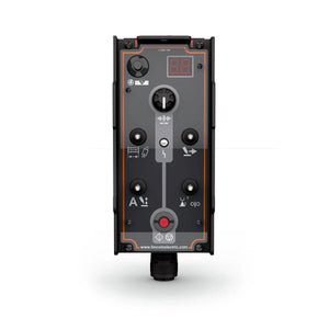 The Lincoln APEX Operator Pendant K52147-1 is a rectangular black welding interface with a digital display showing 88, surrounded by white icons, arrow buttons, a dial, and function symbols on a gray face with orange accents.