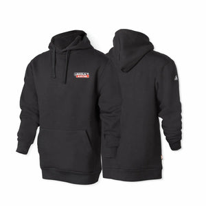The Lincoln K5253-M Arc Rated FR Welding Sweatshirt in black is shown front and back. The front has a red and white Lincoln Electric logo on the left chest, a large pocket, and drawstrings; the back is plain except for a small sleeve logo.