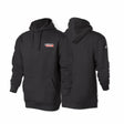 The Lincoln K5253-XL Arc Rated FR Welding Sweatshirt (XL) in black is shown front and back. It features a red and white “Lincoln Electric” chest logo, kangaroo pocket, hood drawstrings, and a small white logo on the left cuff.