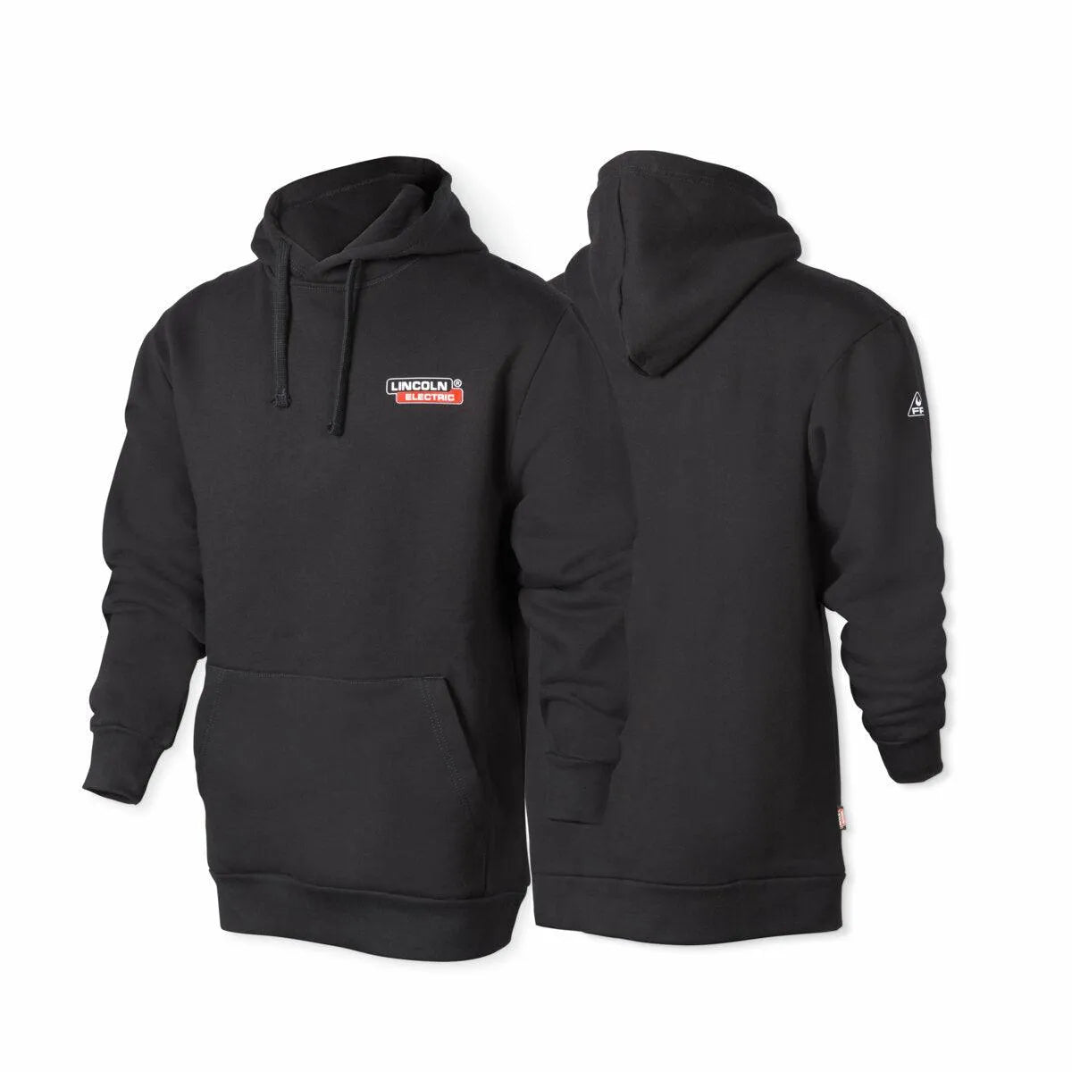 The Lincoln K5253-XL Arc Rated FR Welding Sweatshirt (XL) in black is shown front and back. It features a red and white “Lincoln Electric” chest logo, kangaroo pocket, hood drawstrings, and a small white logo on the left cuff.