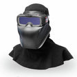 A mannequin bust displays the Lincoln ArcSpecs Auto-Darkening Welding Goggles - K4643-1 with a smooth black face shield, 4C Lens Technology, and a fabric hood covering the head, neck, and shoulders for high-tech protection.