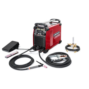 Lincoln Aspect 230 AC/DC Air-Cooled Welder One-Pak K4341-1 with cables, foot pedal, clamps & hoses on white, WeldingMart tools.
