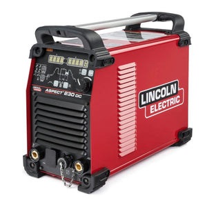 Lincoln Aspect 230 DC K4346-1 inverter welder in red with black accents, digital display, and handles for TIG welding power.