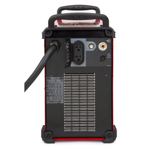 Lincoln Aspect 375 AC/DC TIG Welder rear view—vented panel, power cord, outlet, grounding point, specs label; welding equipment.
