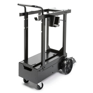 The Lincoln Aspect 375 TIG Welder Cart K3949-1 is a black metal cart with two large rear wheels, two small front casters, vertical side frames, a push handle, and an open platform with mounts—perfect for your TIG welding setup.